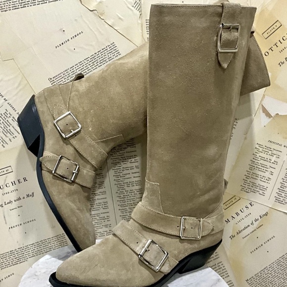 Free People Alohas Ryder Suede Boots Buckles Riding Pointy Toe Tan